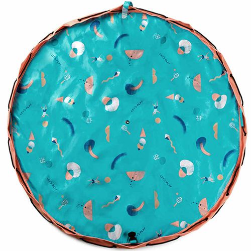 play&go waterdicht speelkleed, volledig open en plat, met een turquoise kleur en abstract figurenpatroon.