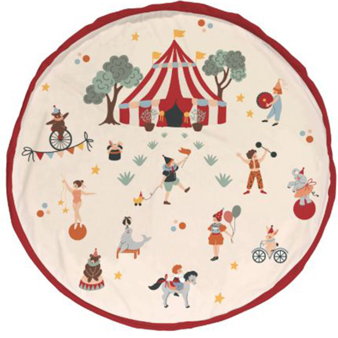 Een opengevouwen play&go speelkleed met een gedetailleerde circus illustratie.