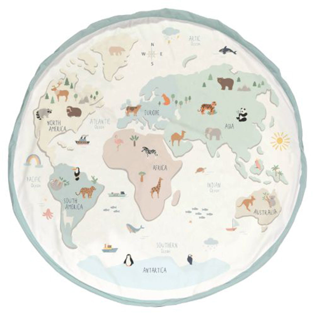 Play&Go speelkleed met wereldkaartpatroon en dieren, plat op de grond.