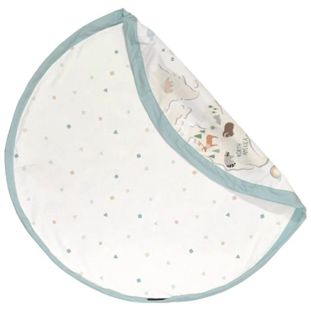 Play&Go speelkleed, deels opgevouwen, toont de wereldkaart en een stippenpatroon.