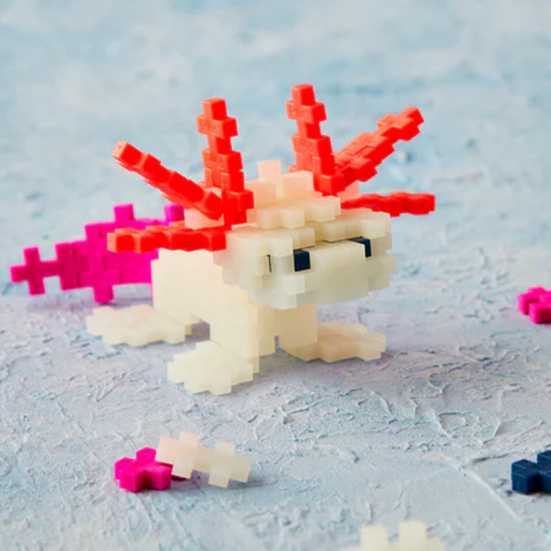 Een gebouwde Plus-Plus axolotl figuur van witte, roze en rode bouwblokken op een blauwe ondergrond.