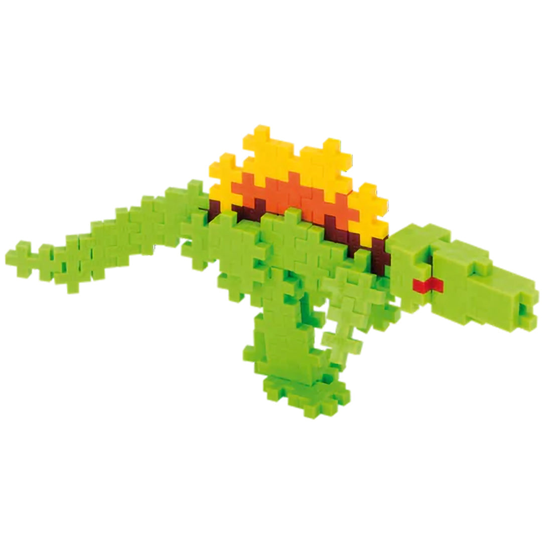 Plus-Plus bouwspeelgoed Spinosaurus model, groen met gele en oranje details.