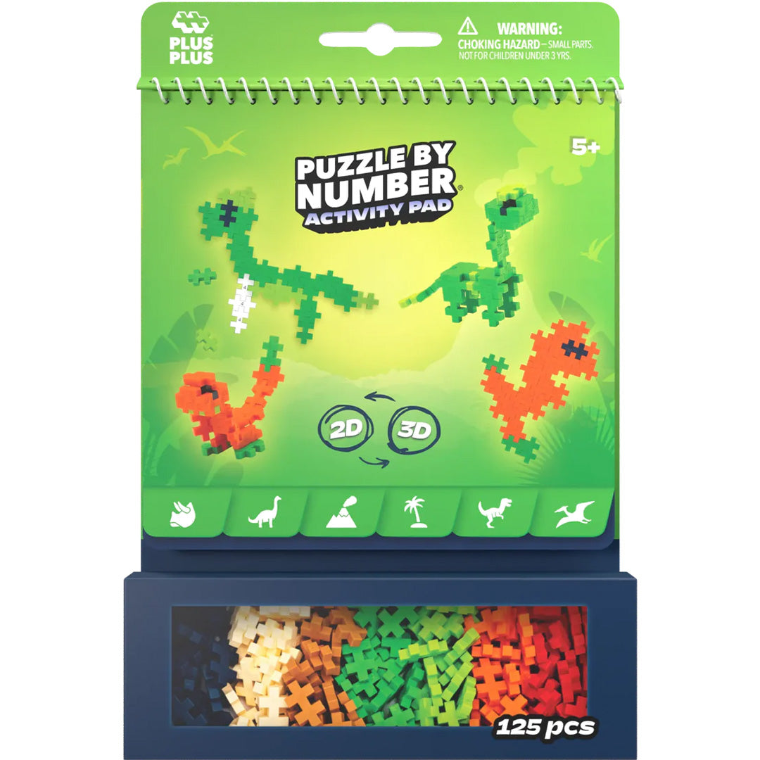 Plus-Plus bouwblokken activity pad verpakking met dinosaurussen en gekleurde bouwblokken.
