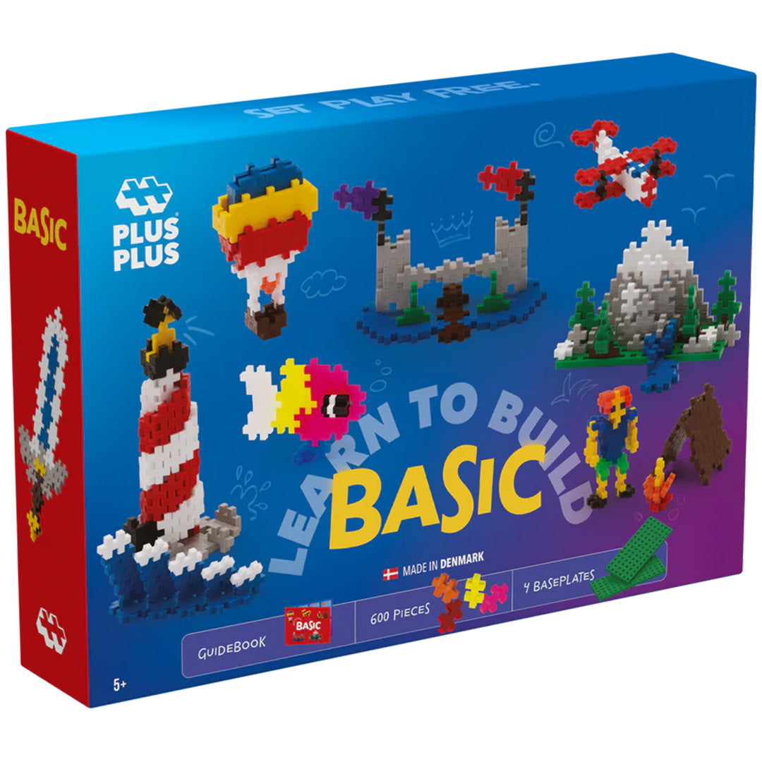 De voorkant van de Plus-Plus 'Learn to Build Basic' bouwblokken verpakking met voorbeelden van gebouwde figuren.