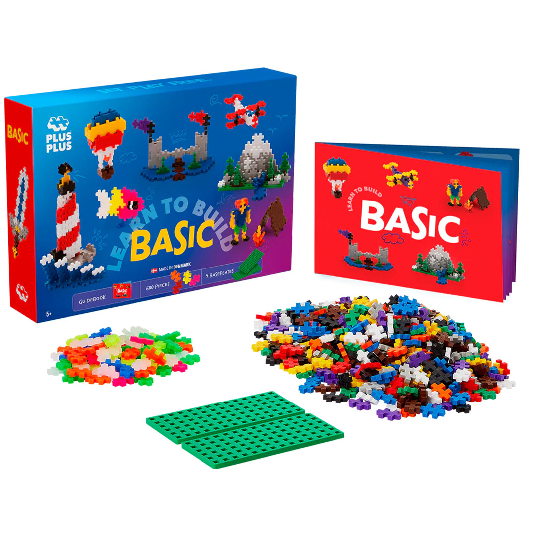 De complete Plus-Plus 'Learn to Build Basic' bouwblokken set met doos, instructieboekje, losse blokken en bouwplaten.