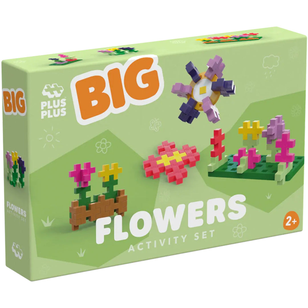 Verpakking van de Plus-plus BIG Flowers activity set bouwblokken met voorbeelden van bloemencreaties.