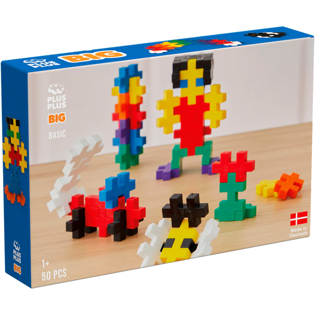 Plus-Plus BIG Basic bouwstenen verpakking met voorbeelden van figuren zoals een persoon, hond en bij.