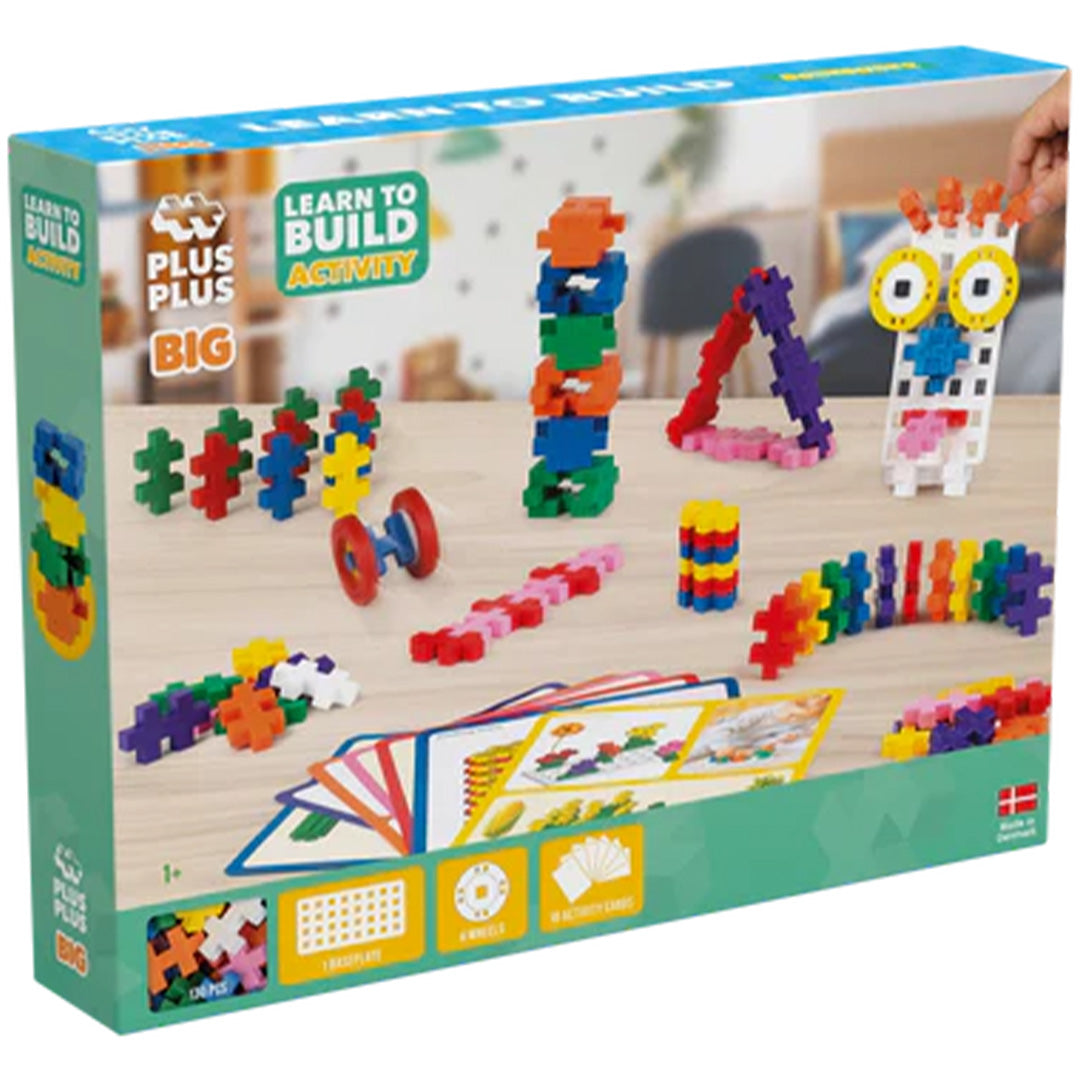 Verpakking van de Plus-Plus Learn to Build Activity Set met diverse kleurrijke bouwblokken en voorbeelden.