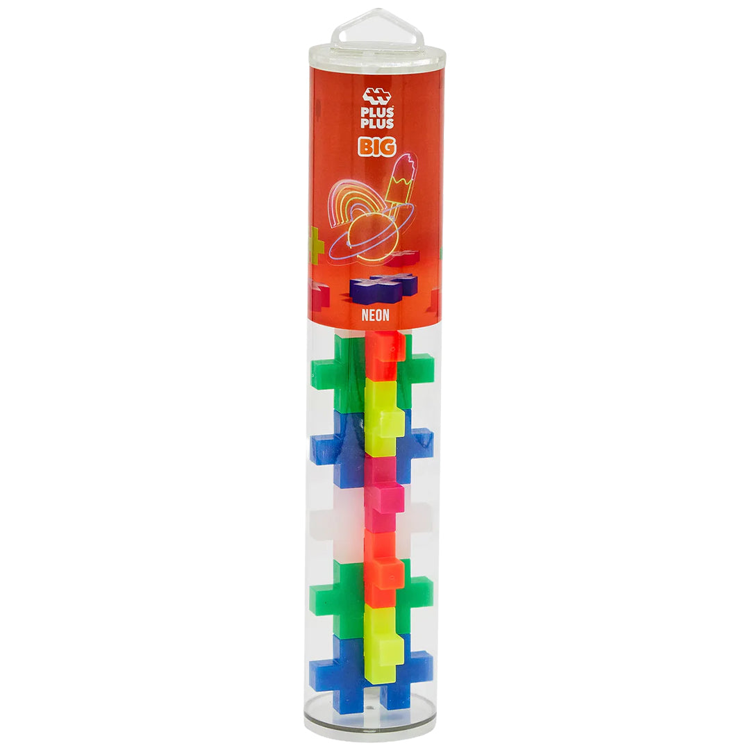 Plus-Plus BIG neon bouwblokken in een transparante cilindervormige verpakking.