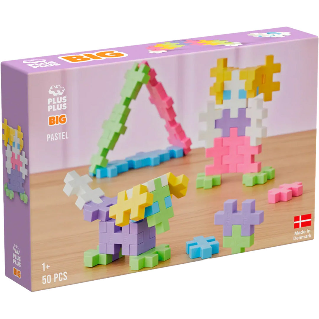 Plus-Plus BIG Pastel bouwstenen verpakking met voorbeelden van figuren.