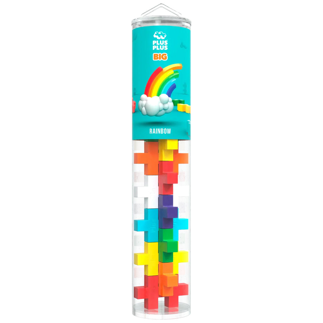 Verpakking van Plus-Plus Big bouwblokken in een transparante koker met regenboogthema.