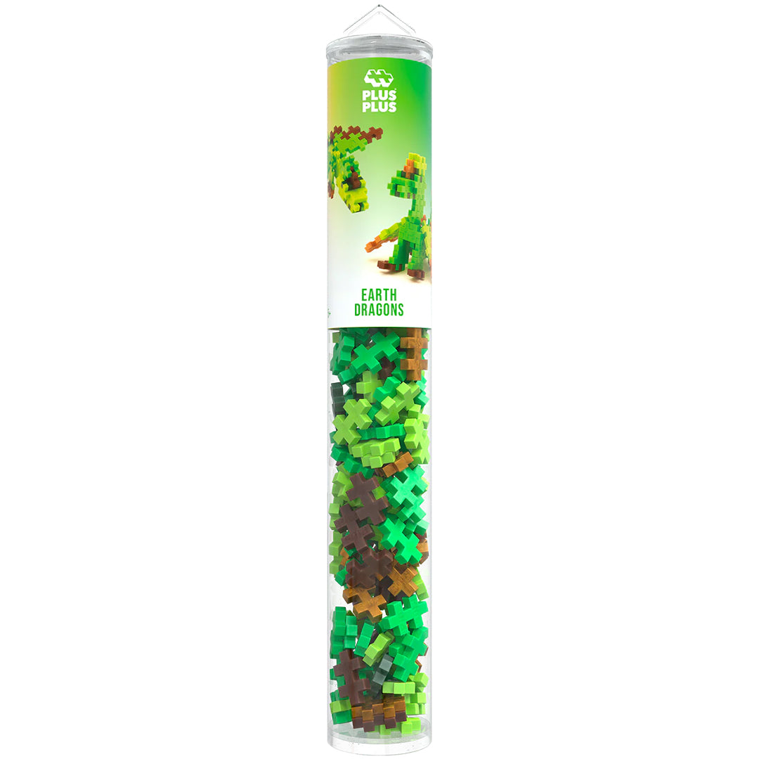 Plus-Plus bouwblokken Earth Dragons verpakking met groene en bruine bouwstenen.