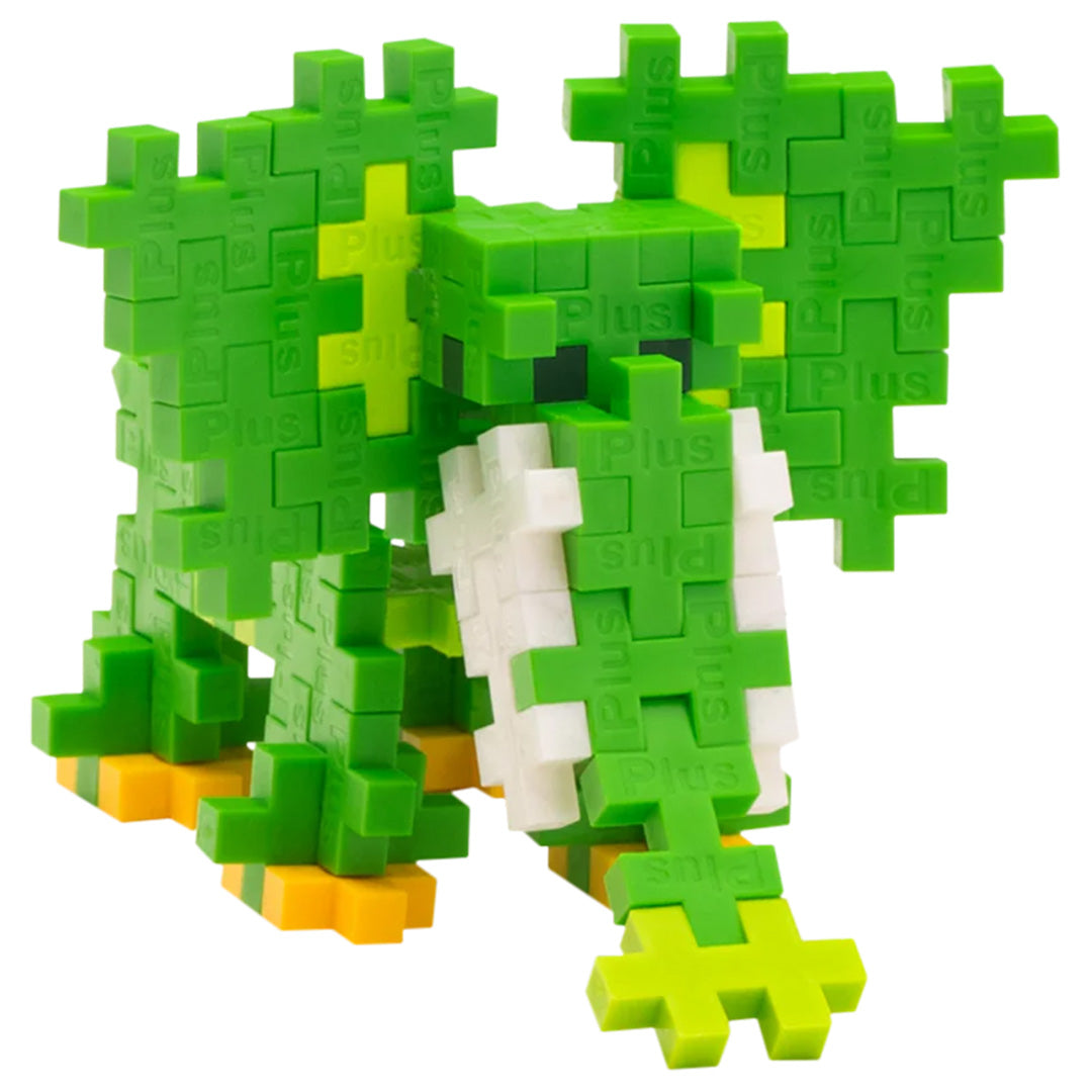 Een gedetailleerde weergave van een groene, witte en gele olifant gemaakt van Plus-Plus bouwblokken.