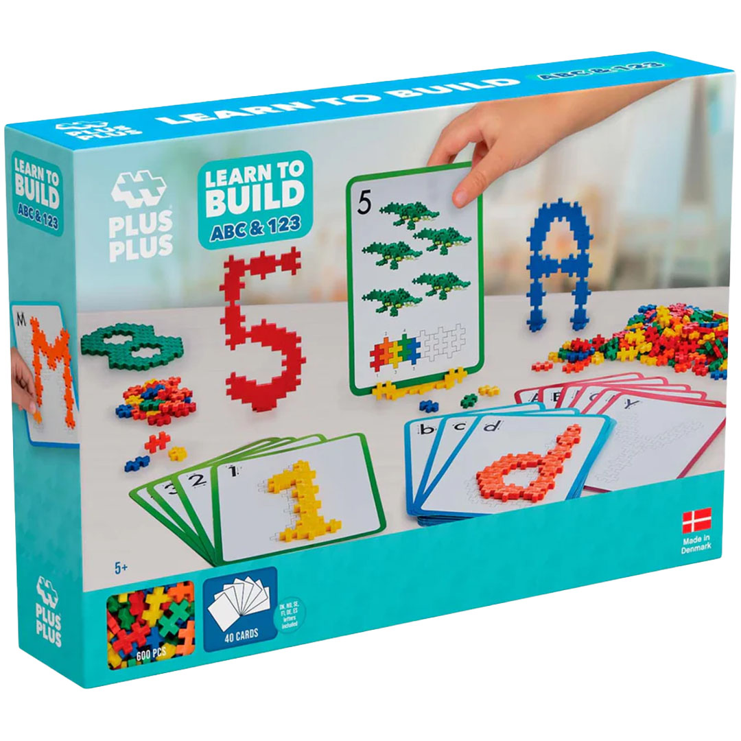 Plus-Plus Learn to Build ABC & 123 bouwspeelgoed verpakking met voorbeelden van letters en cijfers.