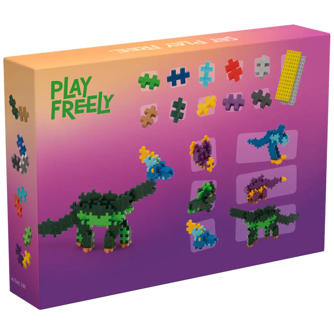De achterkant van de Plus-Plus bouwstenen 'Learn to Build Dinos' verpakking met voorbeelden van modellen en losse bouwblokken.