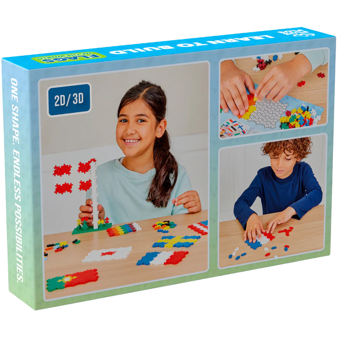 Plus-Plus bouwspeelgoed verpakking met foto's van kinderen die vlaggen bouwen.