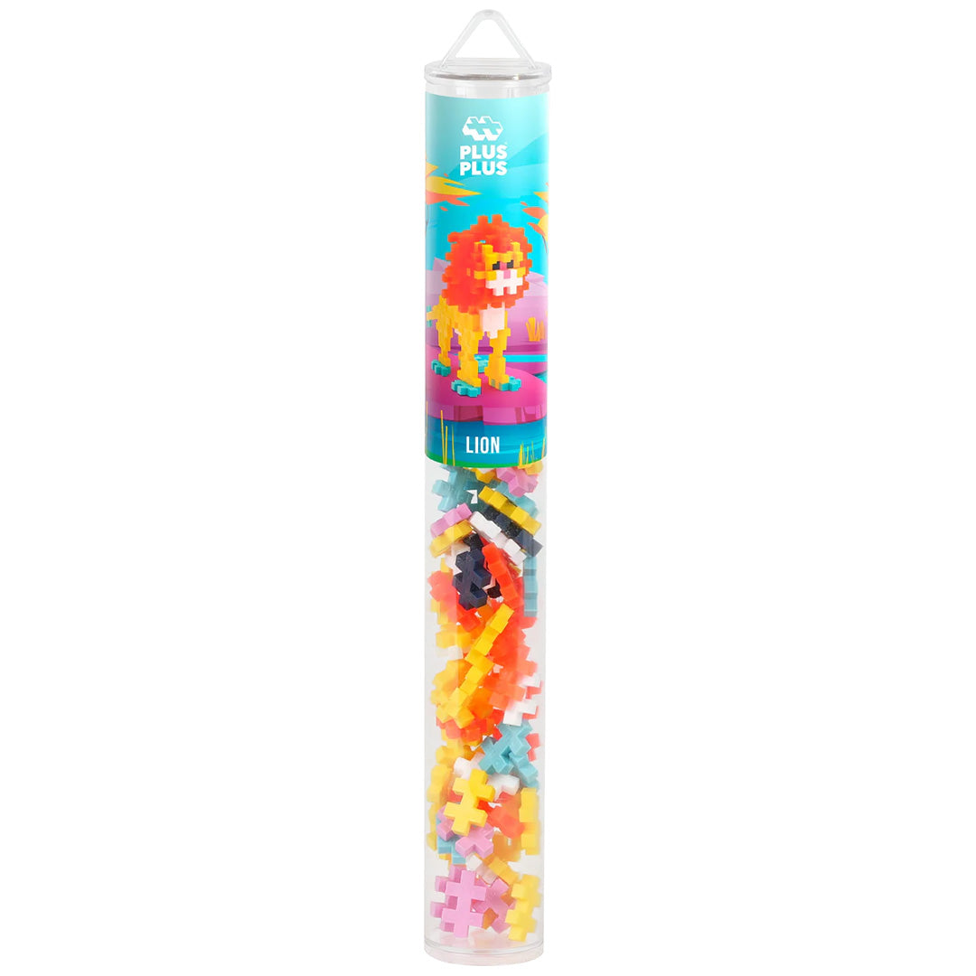 Plus-Plus bouwstenen leeuw set in een transparante plastic koker.