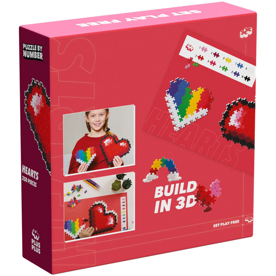 Achterkant van de Plus-Plus bouwblokken set "Hearts" verpakking met voorbeelden van de harten.