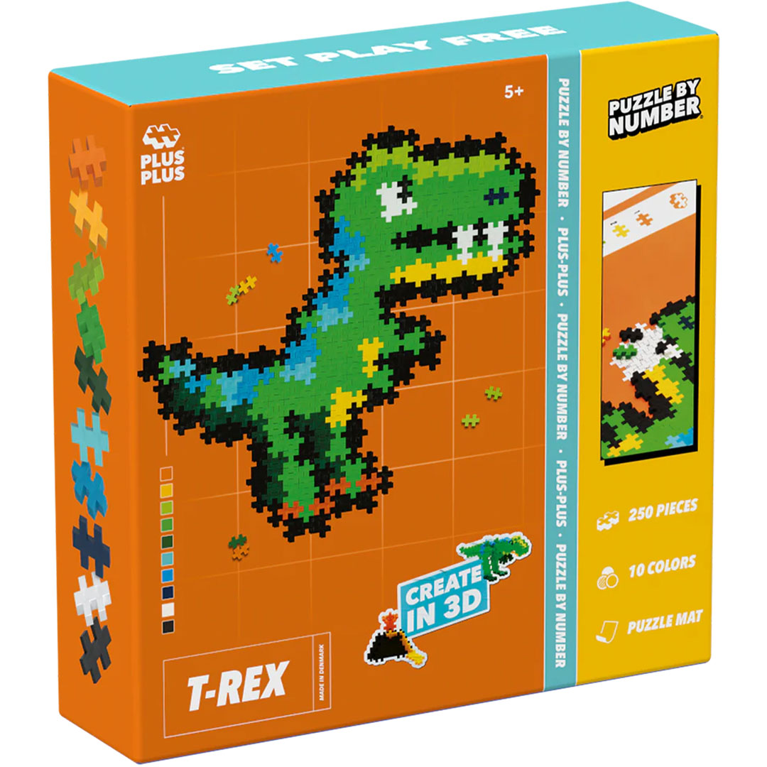 De Plus-Plus bouwstenen T-Rex set verpakking met een afbeelding van een groene pixel T-Rex.