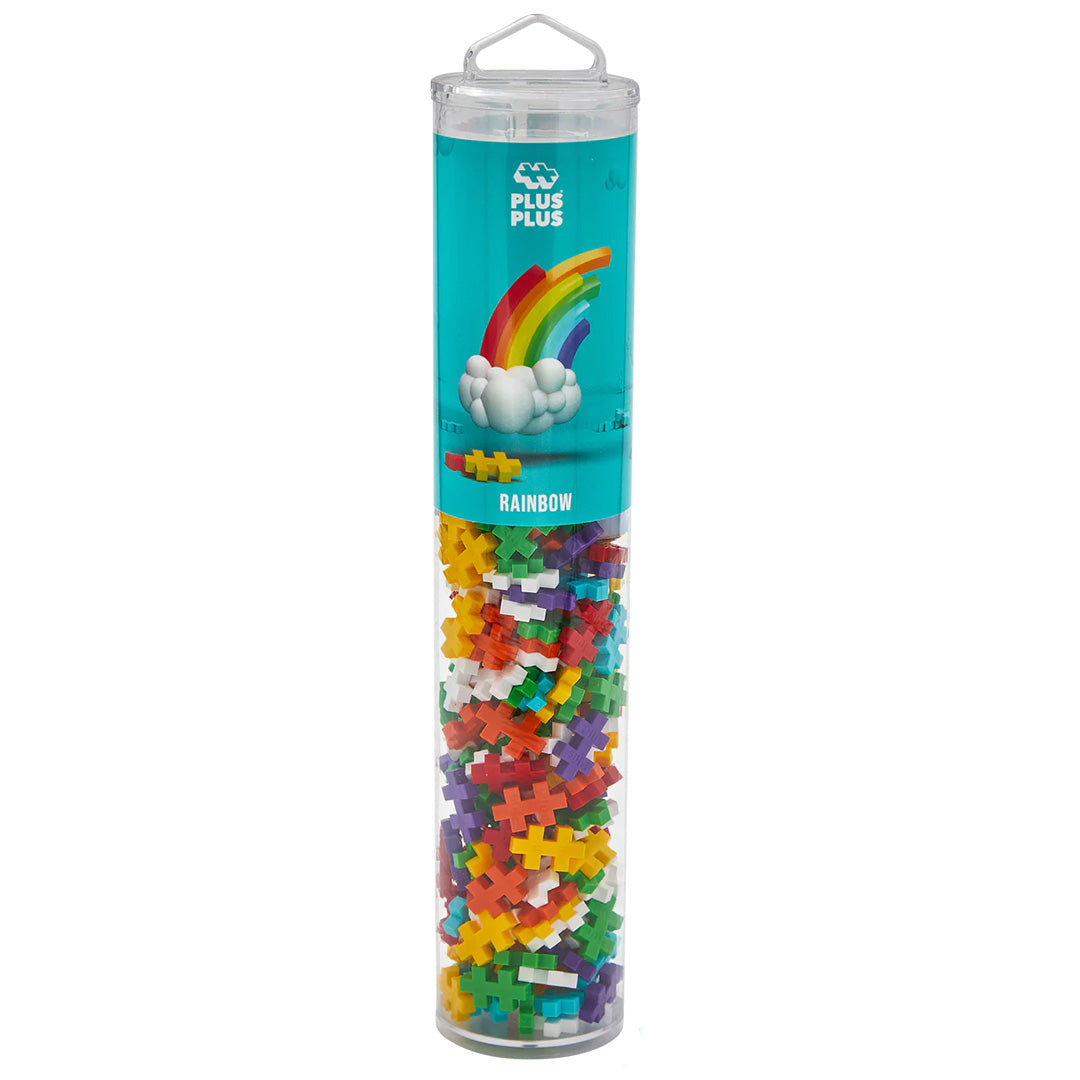 Plus-Plus bouwstenen regenboog mix in een transparante verpakking.