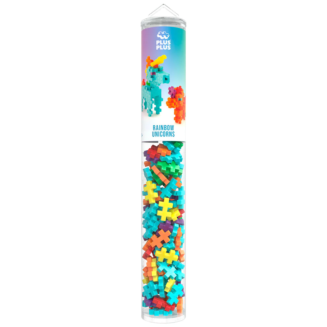 Plus-Plus bouwstenen Rainbow Unicorns verpakking met kleurrijke bouwstenen en afbeeldingen van eenhoorns.
