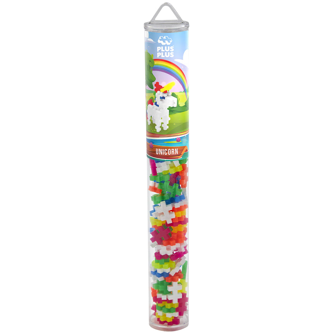 Plus-Plus bouwblokken unicorn set in een transparante koker met een afbeelding van een eenhoorn en regenboog.