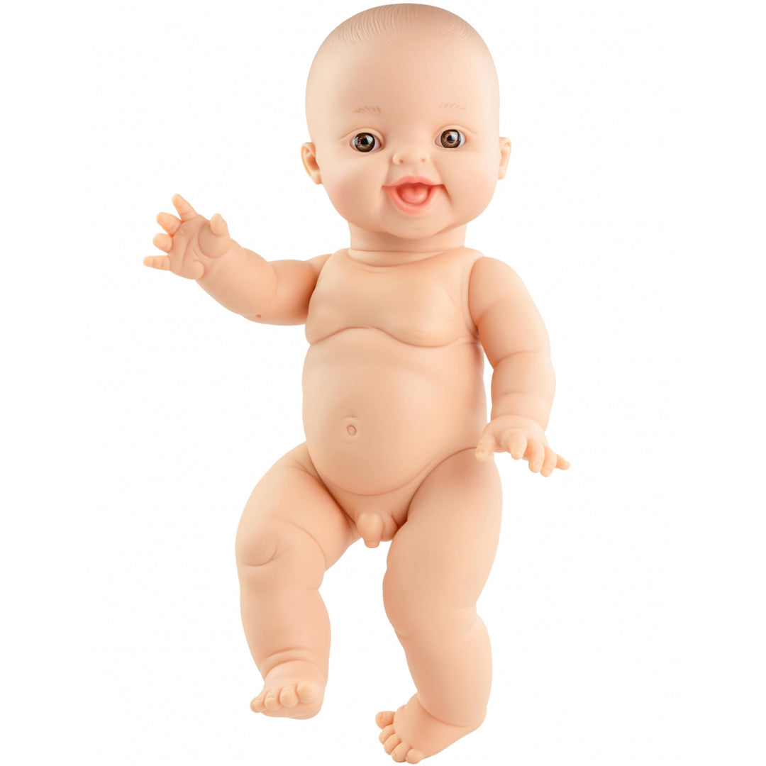 Paola Reina lachende Gordi babypop van vinyl, een jongen met beige huidskleur.