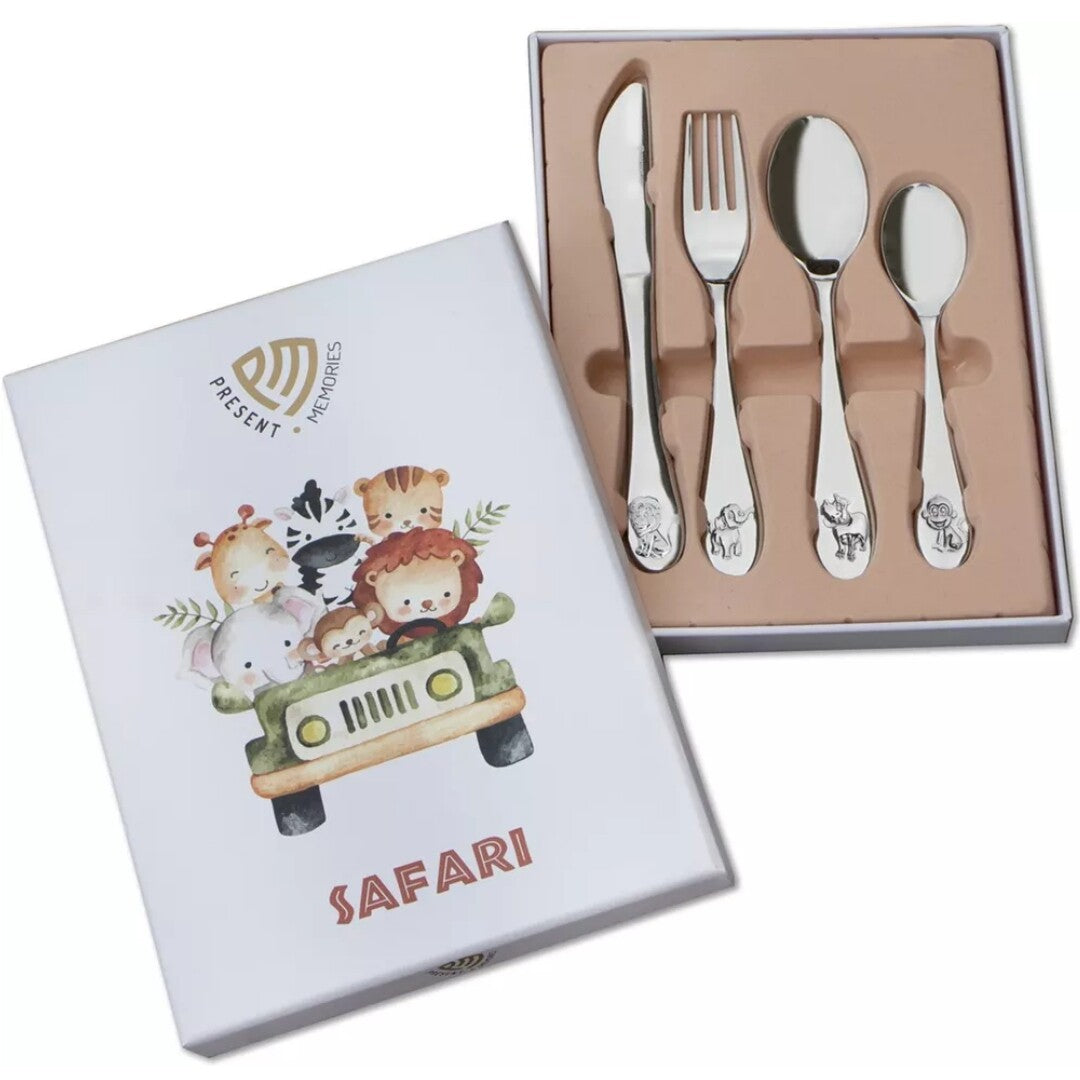 De open verpakking van het ilovespeelgoed kinderbestek met safari thema, met de bestekset erin.