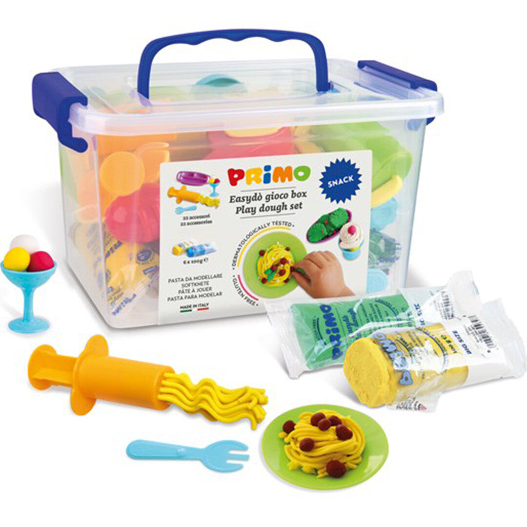 Primo glutenvrije modelleerklei set voor snacks met opbergbox, klei en accessoires zoals een spaghettipers en bordje.