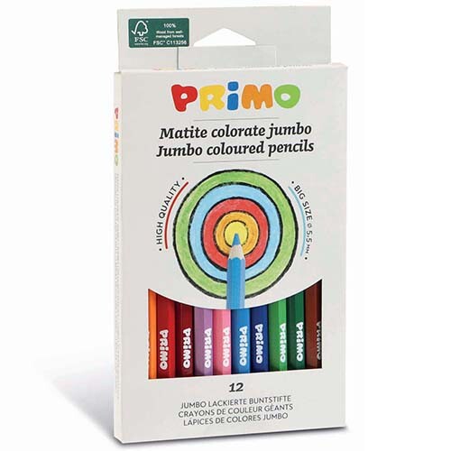 Witte verpakking van 12 Primo jumbo kleurpotloden met een kleurrijk cirkelpatroon en de merknaam.