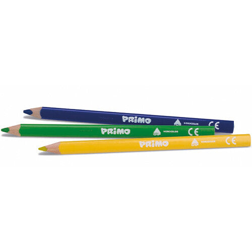 Drie Primo jumbo driehoekige kleurpotloden in blauw, groen en geel.