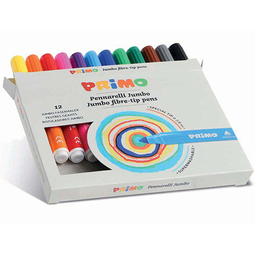 Verpakking van Primo jumbo viltstiften met 12 kleuren, schuin van bovenaf gefotografeerd.