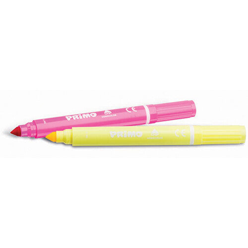 Twee Primo jumbo viltstiften, een roze en een gele, liggen naast elkaar.