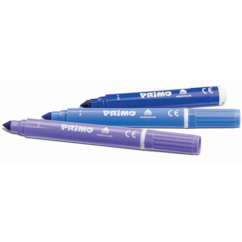Drie Primo jumbo viltstiften in blauwe en paarse tinten.