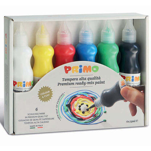 Verpakking van Primo kant-en-klare plakkaatverf in 6 knijpflessen met verschillende kleuren.
