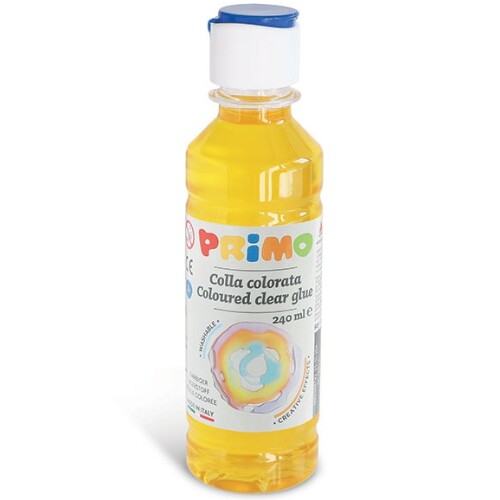 Primo gele gekleurde transparante lijm voor slijm in een fles van 240 ml.