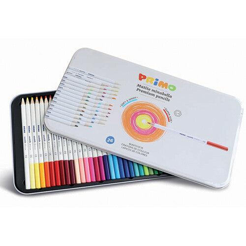 Open Primo Minabella blik met 36 kleurpotloden in regenboogkleuren.