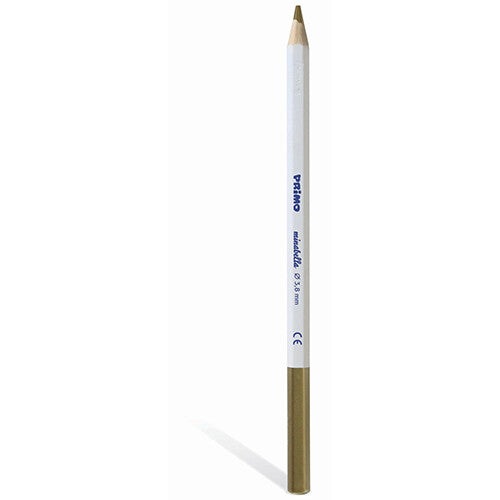 Een enkele goudkleurige Primo metallic kleurpotlood, staand afgebeeld.