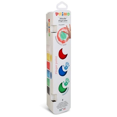 Verpakking van Primo mini potjes vingerverf met 6 kleuren.