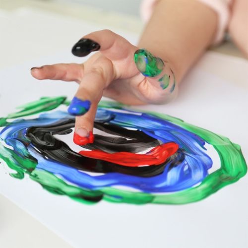 Een kinderhand met vingerverf op de vingers schildert kleurrijke cirkels op wit papier.