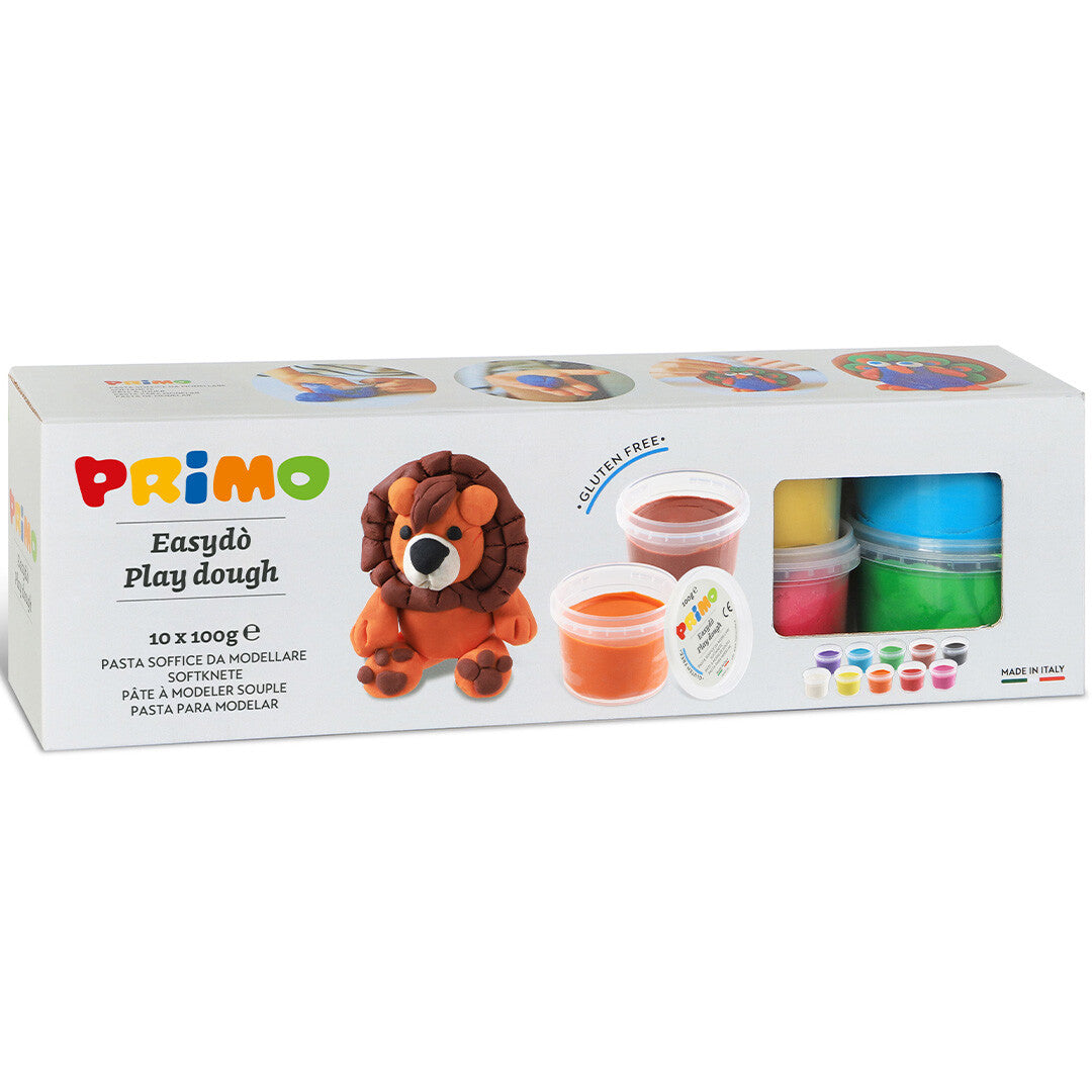 Primo EasyDò Play Dough set verpakking met een afbeelding van een leeuw en tien potjes klei.