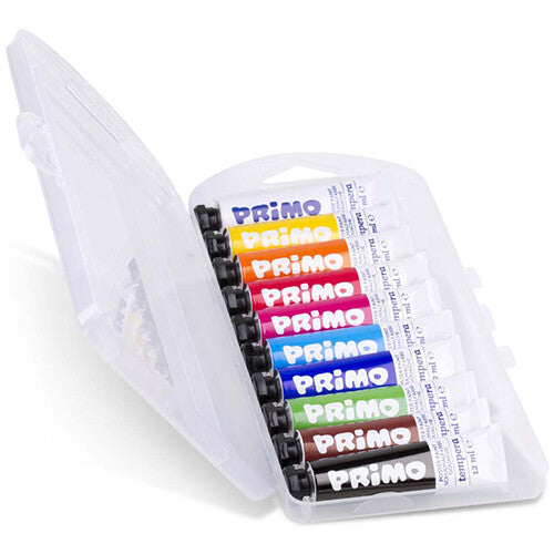 Open plastic doos met 12 tubes Primo plakkaatverf in verschillende kleuren.