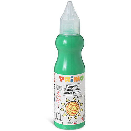 Primo groene plakkaatverf in een knijpflesje met een transparante dop.