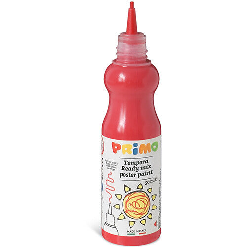Primo rode tempera posterverf in een knijpflesje met open dop en tuitje.