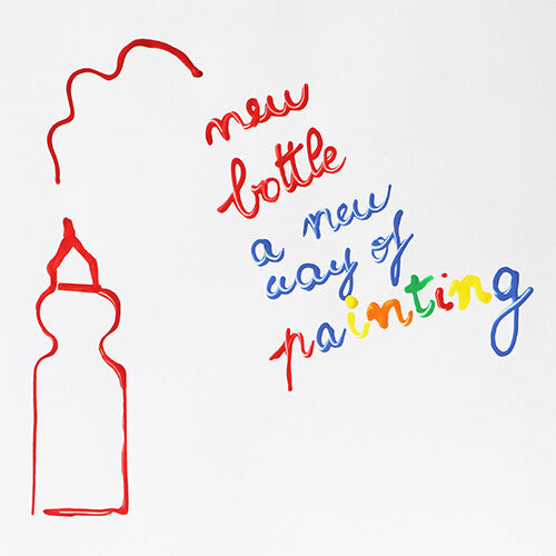Infographic met een rode fles en de tekst 'new bottle a new way of painting' in kleurrijke letters.