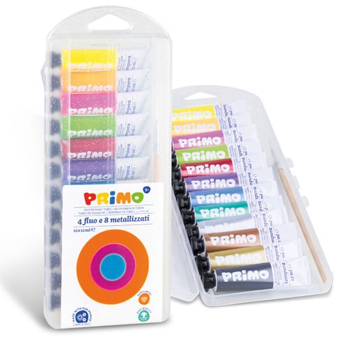 Primo teken- en schilderset met twee doorzichtige etuis, 12 tubes plakkaatverf (4 fluo, 8 metallic) en een kwast.
