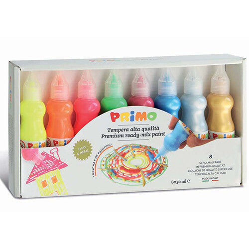 Verpakking van de Primo plakkaatverf set met 8 flessen metallic en fluor kleuren.