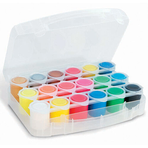 Primo plakkaatverfset met 18 potjes verf in een open transparante plastic doos.