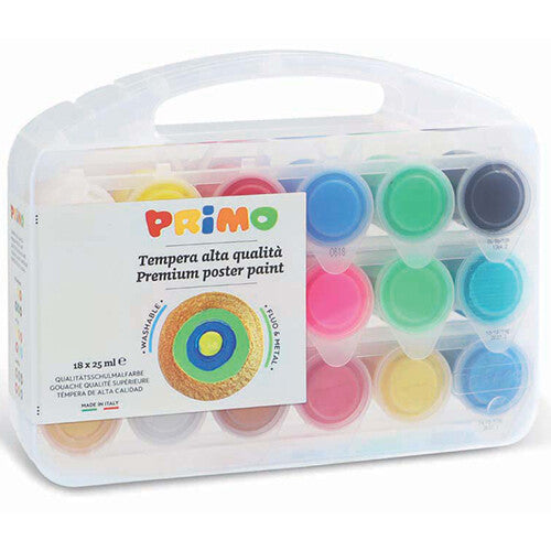 Verpakking van de Primo plakkaatverfset met 18 potjes verf in een gesloten transparante plastic doos.