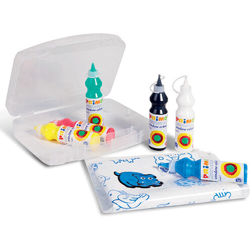 Een set Primo raamverf met diverse kleuren flessen en een tekenvel in een open plastic doos.